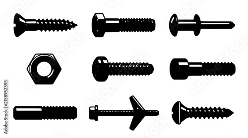 Industrial Hardware Fasteners Silhouette Collection Featuring Wood Screws Hex Bolts Nuts Rivets Anchor Pins and Heavy Duty Construction Fixing Tools Vector Illustration Set