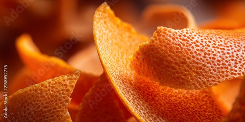 An orange peel displays its textured inner surface in a closeup view.