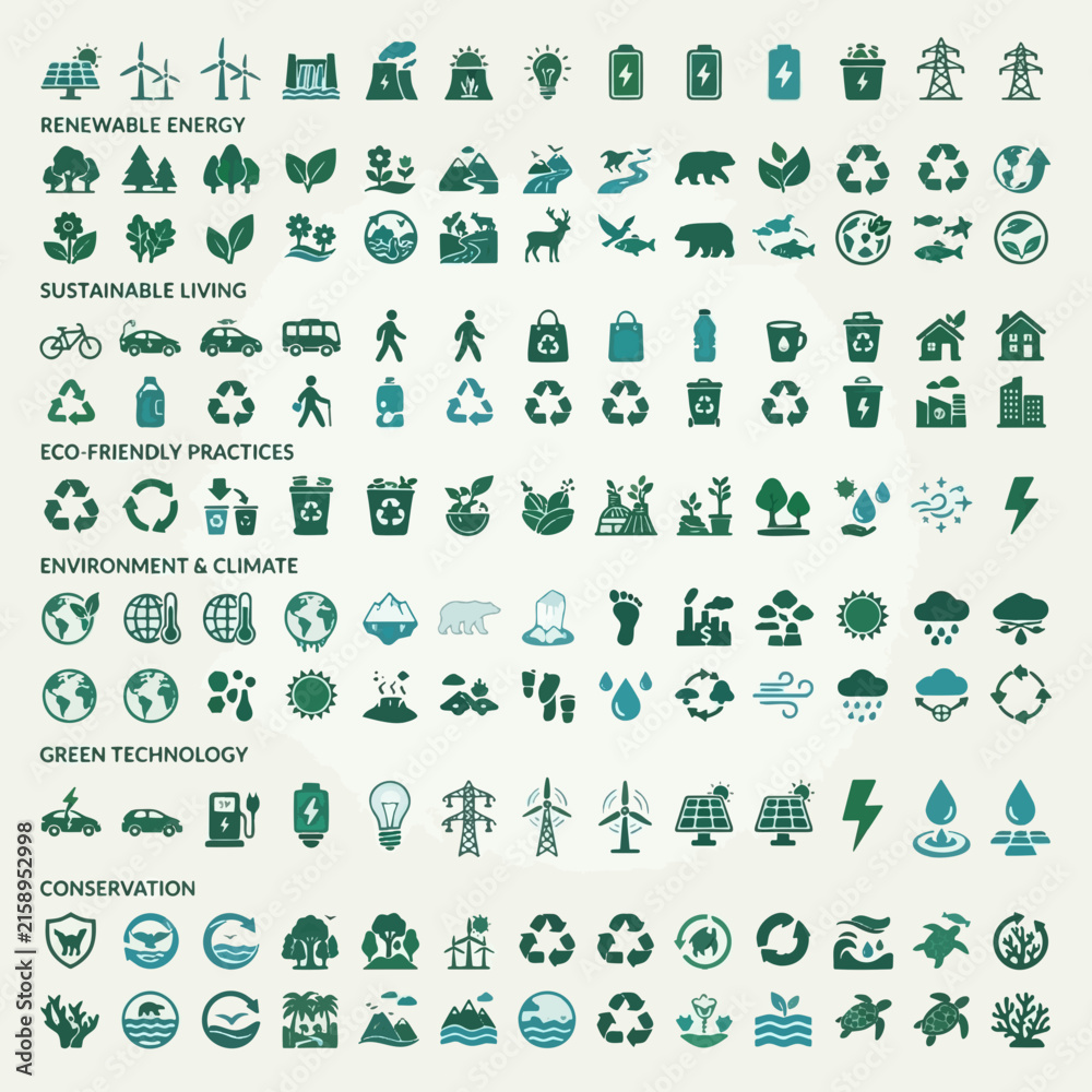 Fototapeta premium Eco Icons Collection: A comprehensive set of diverse icons representing renewable energy, sustainable living, eco-friendly practices, environment and climate, green technology.
