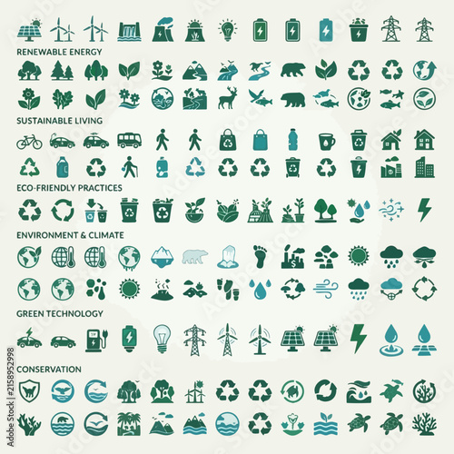 Eco Icons Collection: A comprehensive set of diverse icons representing renewable energy, sustainable living, eco-friendly practices, environment and climate, green technology.