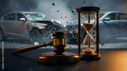 Wooden gavel and hourglass in front of a blurred car accident scene. Symbols of justice and time represent legal deadlines for vehicle claims. Concept for injury law and insurance settlement.