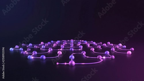 Abstract glowing purple and pink spheres connected by luminous lines forming a complex network on a dark surface, representing data or a digital circuit.