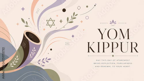 Yom Kippur Greeting Banner Featuring a Traditional Shofar, Abstract Botanical Shapes and Elegant Jewish Holiday Typography on a Cream Background