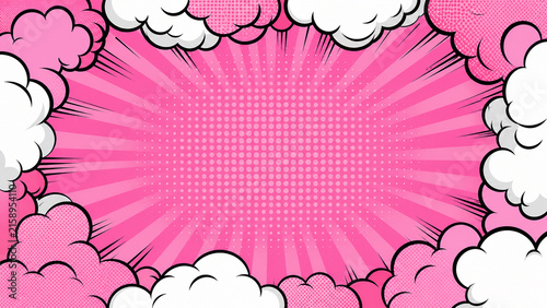 Pink Comic Book Pop Art Background with Clouds and Halftone Burst