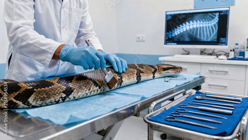 Vet examining large python in a clinic. Doctor performing checkup on an exotic reptile with tools. Exotic pet care concept, perfect for animal healthcare and veterinary marketing.
