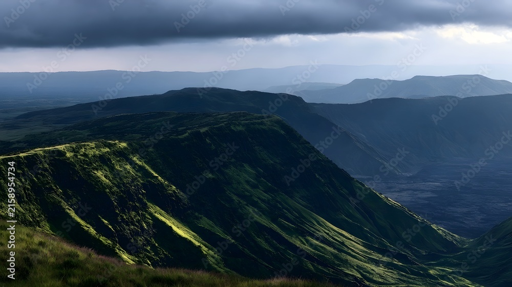 Fototapeta premium A dramatic mountain landscape under heavy clouds with deep green slopes and layered valleys stretching into the distance