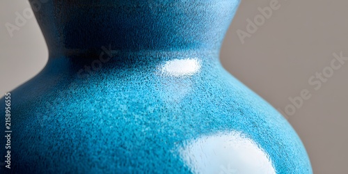 Close up shot of a turquoise glazed ceramic vase with glossy reflection on curved surface