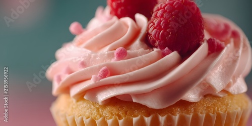 Cupcake with pink frosting and fresh raspberries on top