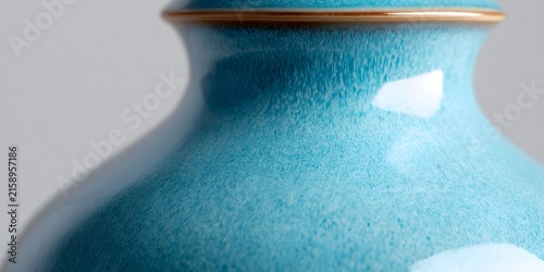A close view highlights the glossy finish and rich texture of a light blue ceramic vessel.