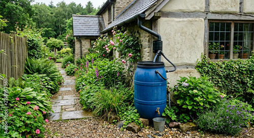 Blue Rain Barrel Collecting Water Beside an Old English Country Cottage Garden