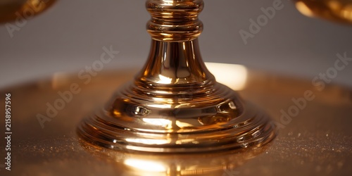 A polished brass candlestick base rests elegantly on a golden tray surface under soft lighting.