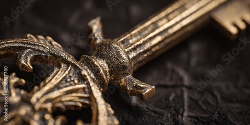 A closeup view of an ornate golden key with elaborate scrollwork and a textured shaft resting on a dark embossed surface.