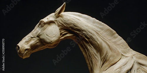 A sculpted clay horse head captures the elegant profile with detailed textures against a dark backdrop.
