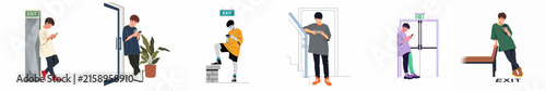Collection of stylish young men illustrations in various casual poses using smartphones near exit signs and doorways on white background.