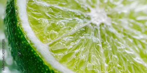 Closeup view showing the translucent pulp and vibrant green rind of a sliced citrus fruit
