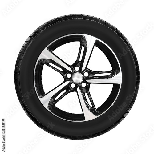 Car wheel and tire , alloy wheel side view isolated on a white background.