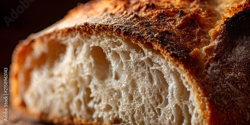 A closeup view shows the golden brown crust and airy crumb of artisan bread.