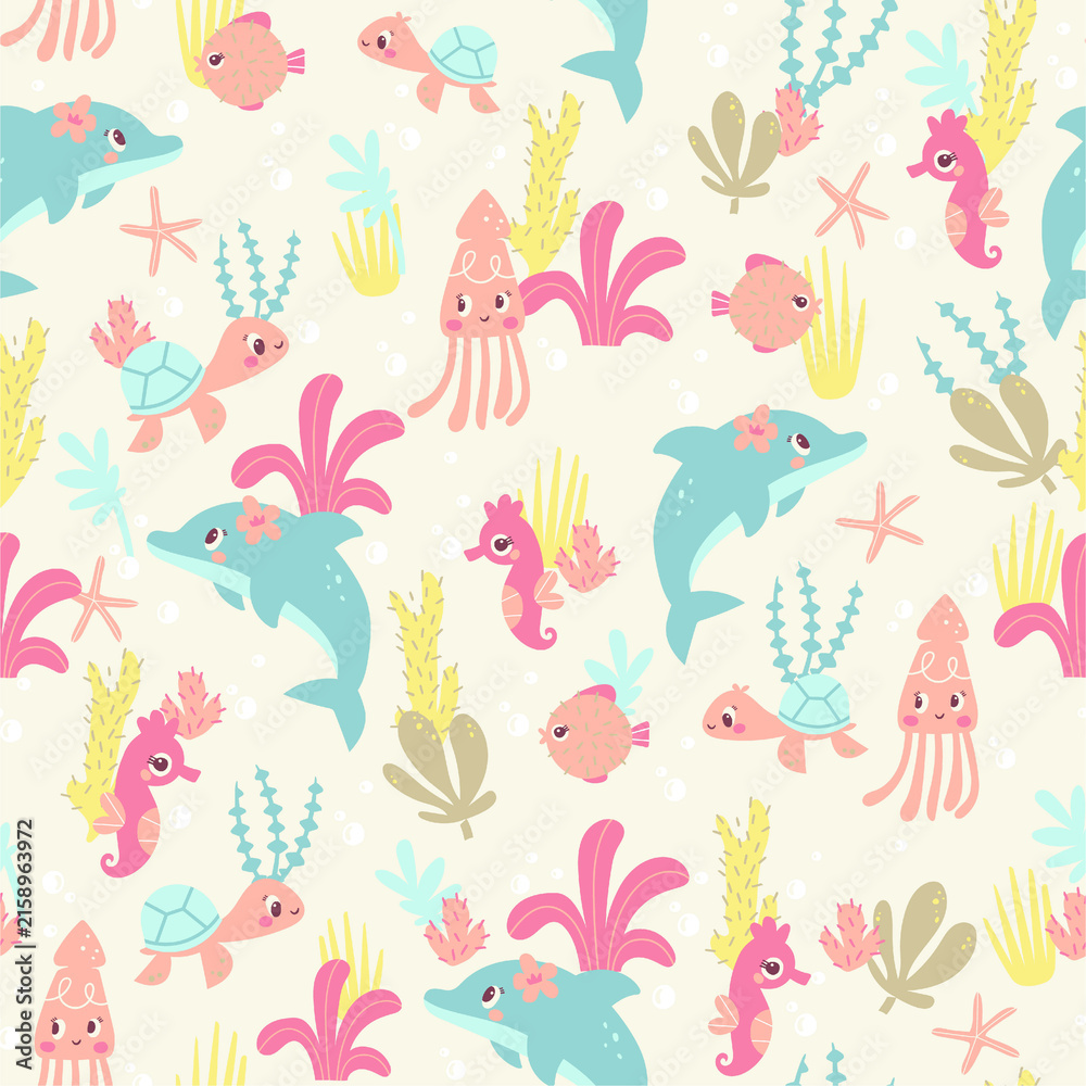 Obraz premium Cute cartoon sea creatures and plants with soft pastel colors on a light background creating a playful ocean scene