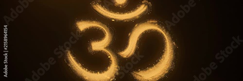 Golden Om symbol appearing from sparkling particles, spiritual awakening concept for meditation website banner with copy space