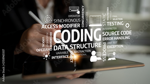 Cuadro en lienzo A professional depicts coding concepts using a tablet, showcasing various programming terms and themes in a modern workspace to illustrate software development