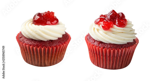 Obraz na płótnie Red Velvet Cupcakes with Cream Cheese Frosting and Berry Jam Stock Photo