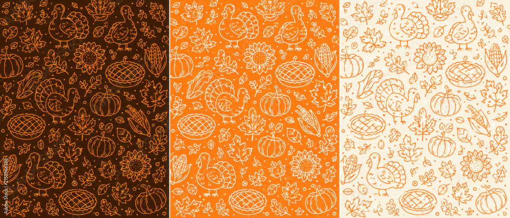autumn and thanksgiving set of semaless patterns. Fall patterns collection with doodles for wallpaper, wrapping paper, scrapbooking, backgrounds, packaging, textile prints, etc.