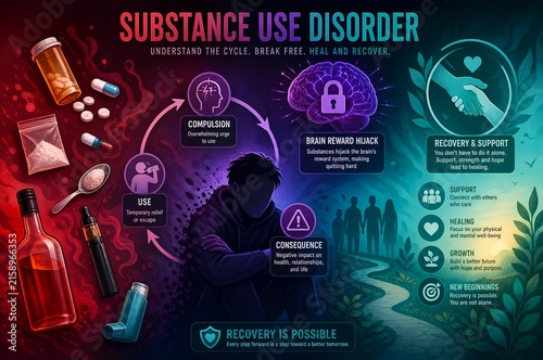 Substance use disorder infographic illustration of addiction compulsion and brain reward hijack