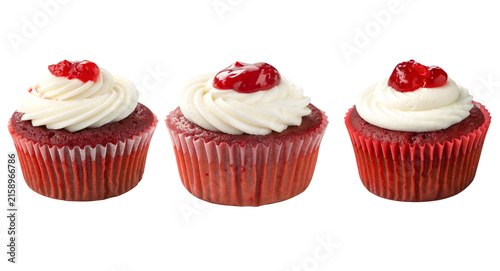 Canvastavla Red Velvet Cupcakes with Cream Cheese Frosting and Berry Jam Stock Photo