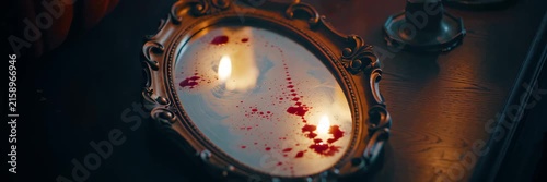 Antique mirror splattered with blood in dark candlelight, haunted horror concept for Halloween website banner