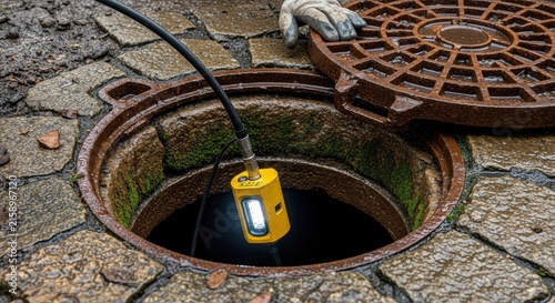 Sewer pipe inspection using specialized industrial video camera lowered into an open manhole on a cobblestone street