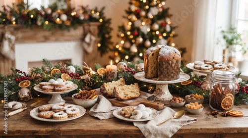 Festive Christmas Feast: A beautifully adorned table laden with traditional Christmas treats, including panettone, cookies, and dried fruit.
