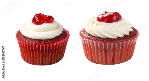 Canvastavla Red Velvet Cupcakes with Cream Cheese Frosting and Berry Jam Stock Photo