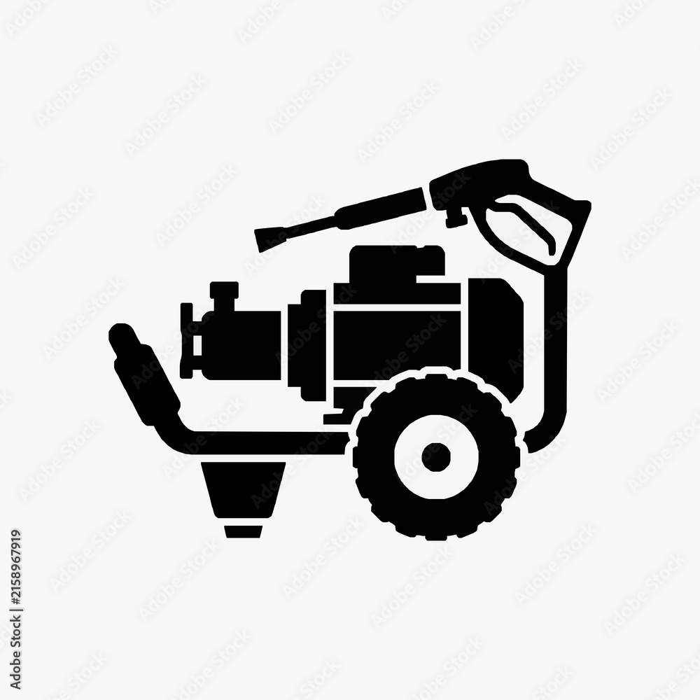 Naklejka premium Creative Black and White Pressure Washer Machine with Hoses and Wheels with high quality professional line art symbols for modern creative design and digital branding projects