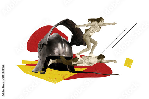Fotografie Trend artwork poster composite image collage of heroic knight costume conqueror