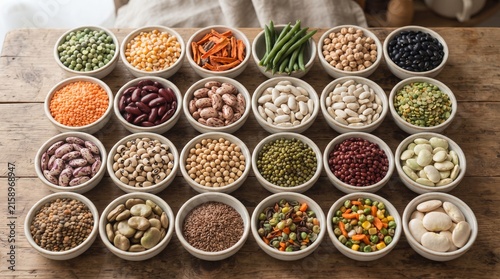 Assortment of colorful dried legumes and beans in wooden bowls for healthy cooking and nutrition