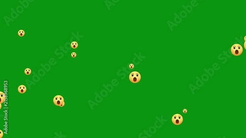 social media wow reactions against green screen background, Animated social media reaction emoji and hearts, care, like, haha, floating upwards on a black background