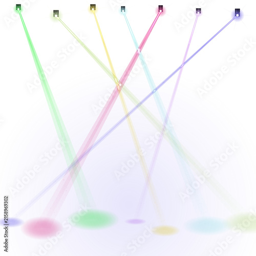 Cuadro en lienzo Multiple intersecting light beams creating colorful circular highlights on a whi