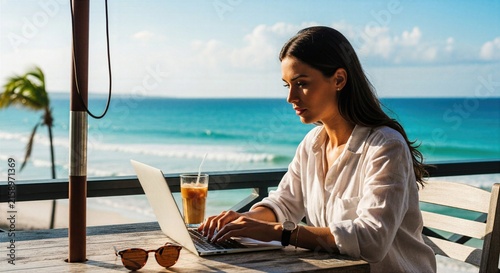 Remote working woman using laptop at seaside table, busy digital nomad career moment, flexible work lifestyle, modern professional routine with ocean view and natural ligh