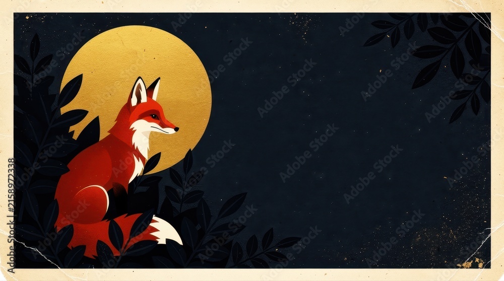 Naklejka premium Red fox sitting among dark leaves under a large golden moon. Minimalist flat design illustration with vintage texture and copy space. Nature and wildlife aesthetic for book covers and posters.