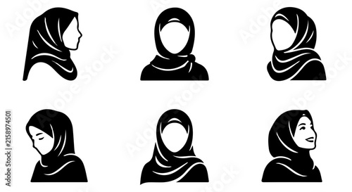 Muslim woman hijab silhouette vector icon set collection