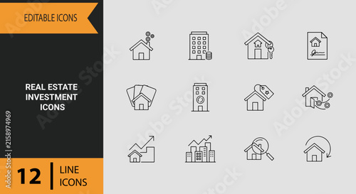 Real Estate Investment Icons Outline Set For Property Housing Market Wealth Growth Graphic