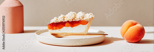 A pie shows layers of peach jam and vanilla cream. The layers are separated by light and airy dough. The pie sits on a surface with soft colors