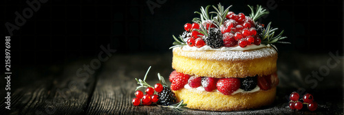 A cake with two visible layers features soft sponge and fresh fruits. Berries and herbs rest on top, adding color and texture. The scene is set in a kitchen with low light