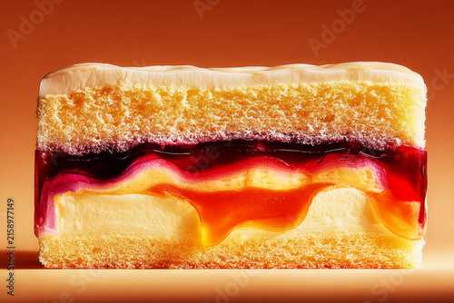 A cake is cut to show its layers of jelly and cream, with the colors clearly visible. The setting is warm, and the dessert looks inviting and tasty