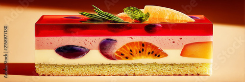 A cake is cut to show its layers of jelly and cream, with the colors clearly visible. The setting is warm, and the dessert looks inviting and tasty
