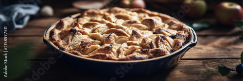 Layered apple pie sits on a wooden table. The pie shows layers of dough and fruit. Soft shadows and highlights appear from natural light