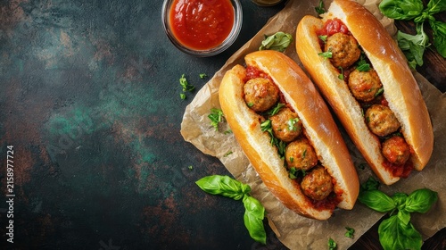 Meatball subs with sauce basil and a rustic table setting