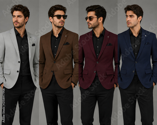 Elegant men's blazer collection in multiple colors, stylish male model wearing slim fit formal jackets, modern business fashion set