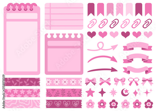 Pink Scrapbook Journal Elements Set with Washi Tape, Banners, Bows, Hearts and Floral Decorations 