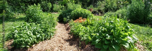 Herbal farm using no till methods, mulch covered beds, dense green plants, regenerative agriculture, ecological soil care
